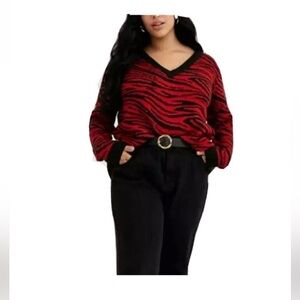 Brave Soul Red and Black Zebra V-Neck Sweater